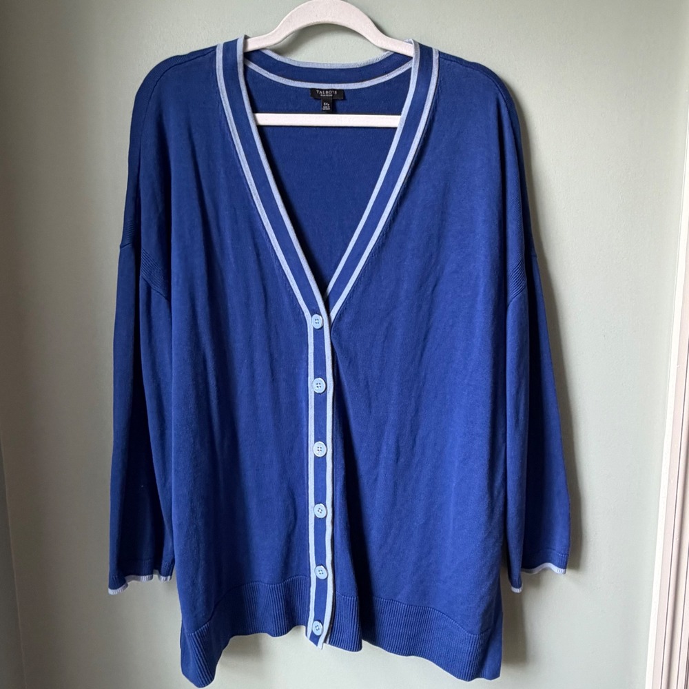 Talbots Plus Petite Cardigan Sweater Blue V-Neck Cotton Blend Contrast Stitch 3X